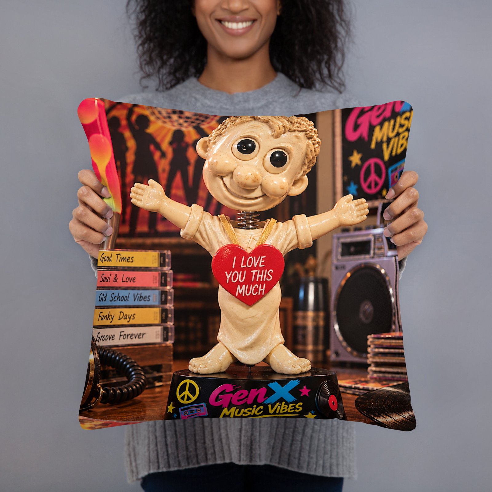 Gen X Music Vibes – Flower Power Groove Limited Edition Bobblehead Pillow / RockAteeWear - Image 3