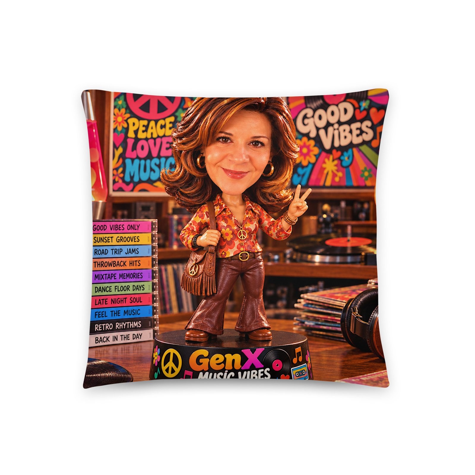 Gen X Music Vibes – Flower Power Groove Limited Edition Bobblehead Pillow / RockAteeWear - Image 6