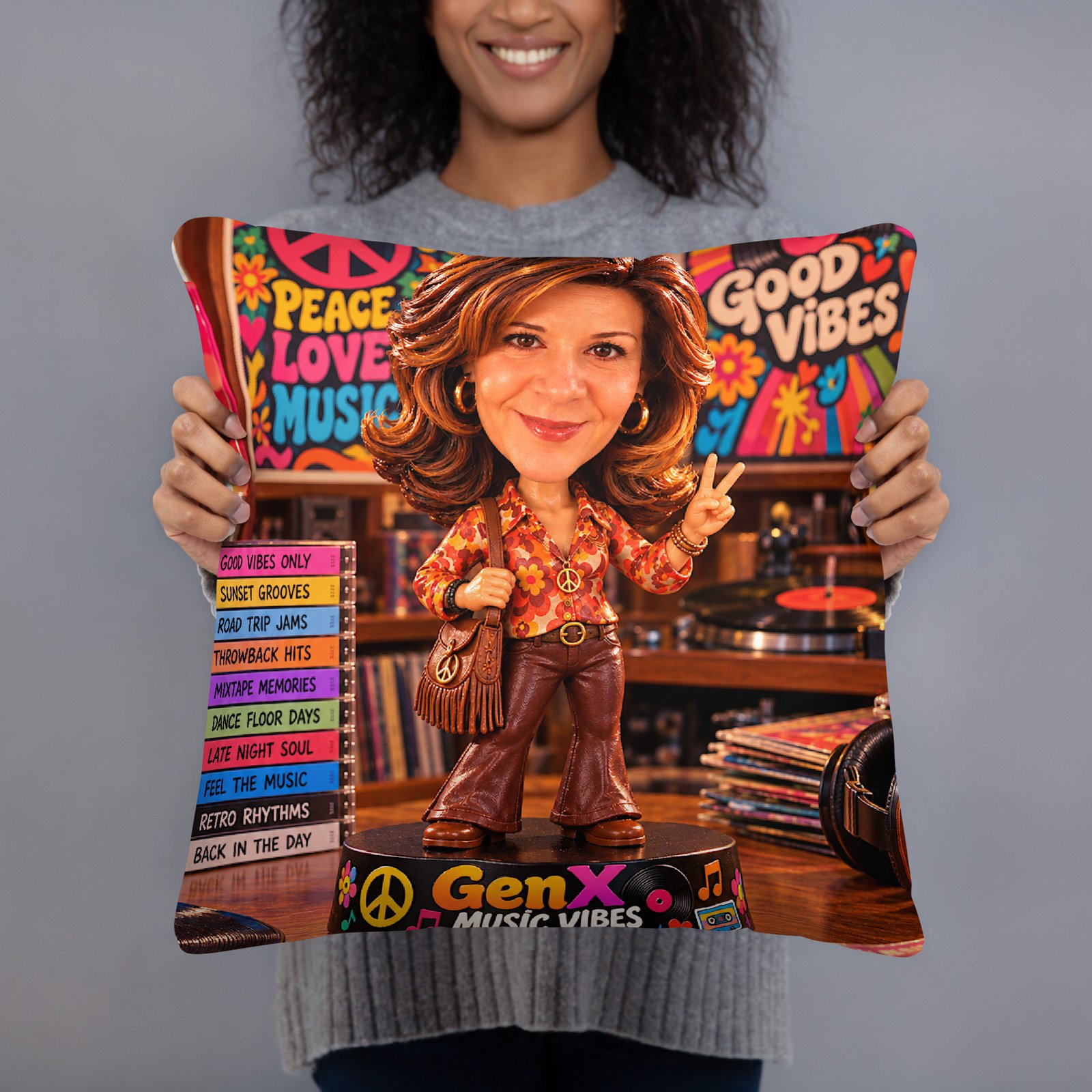 Gen X Music Vibes – Flower Power Groove Limited Edition Bobblehead Pillow / RockAteeWear - Image 2