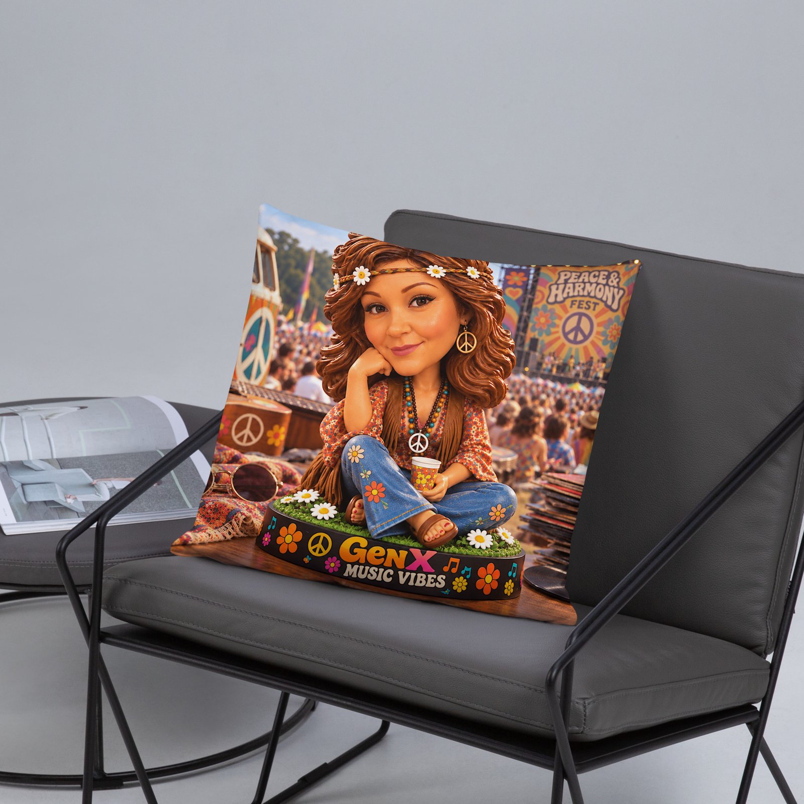 Gen X Music Vibes – Peace & Harmony Festival Limited Edition Bobblehead Pillow / RockAteeWear - Image 11