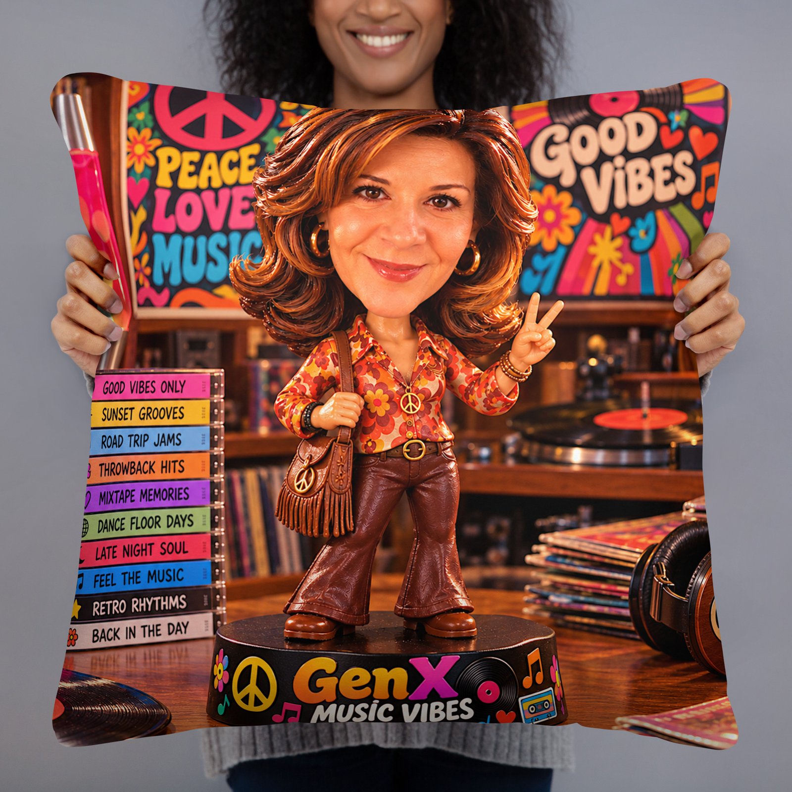 Gen X Music Vibes – Flower Power Groove Limited Edition Bobblehead Pillow / RockAteeWear - Image 4
