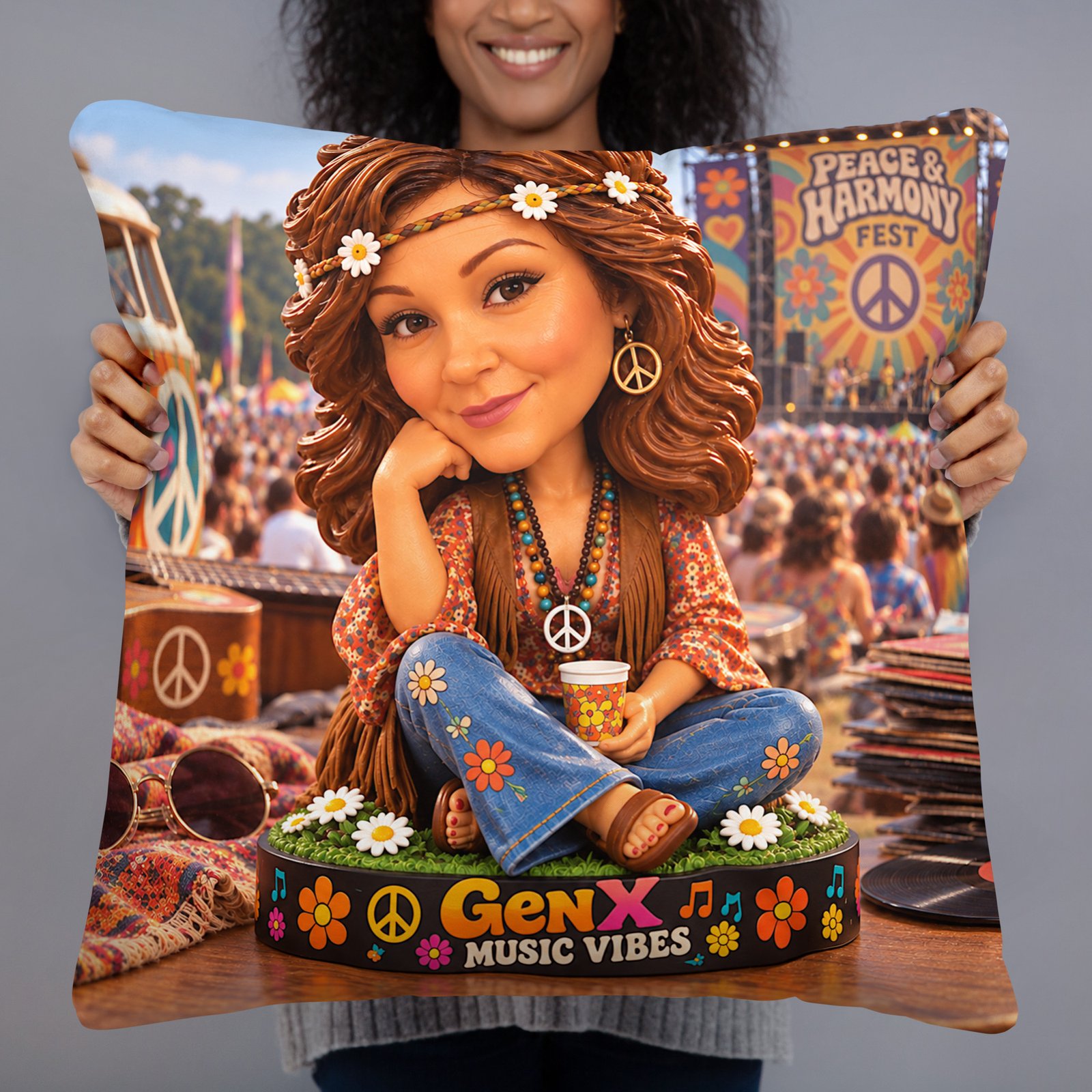 Gen X Music Vibes – Peace & Harmony Festival Limited Edition Bobblehead Pillow / RockAteeWear