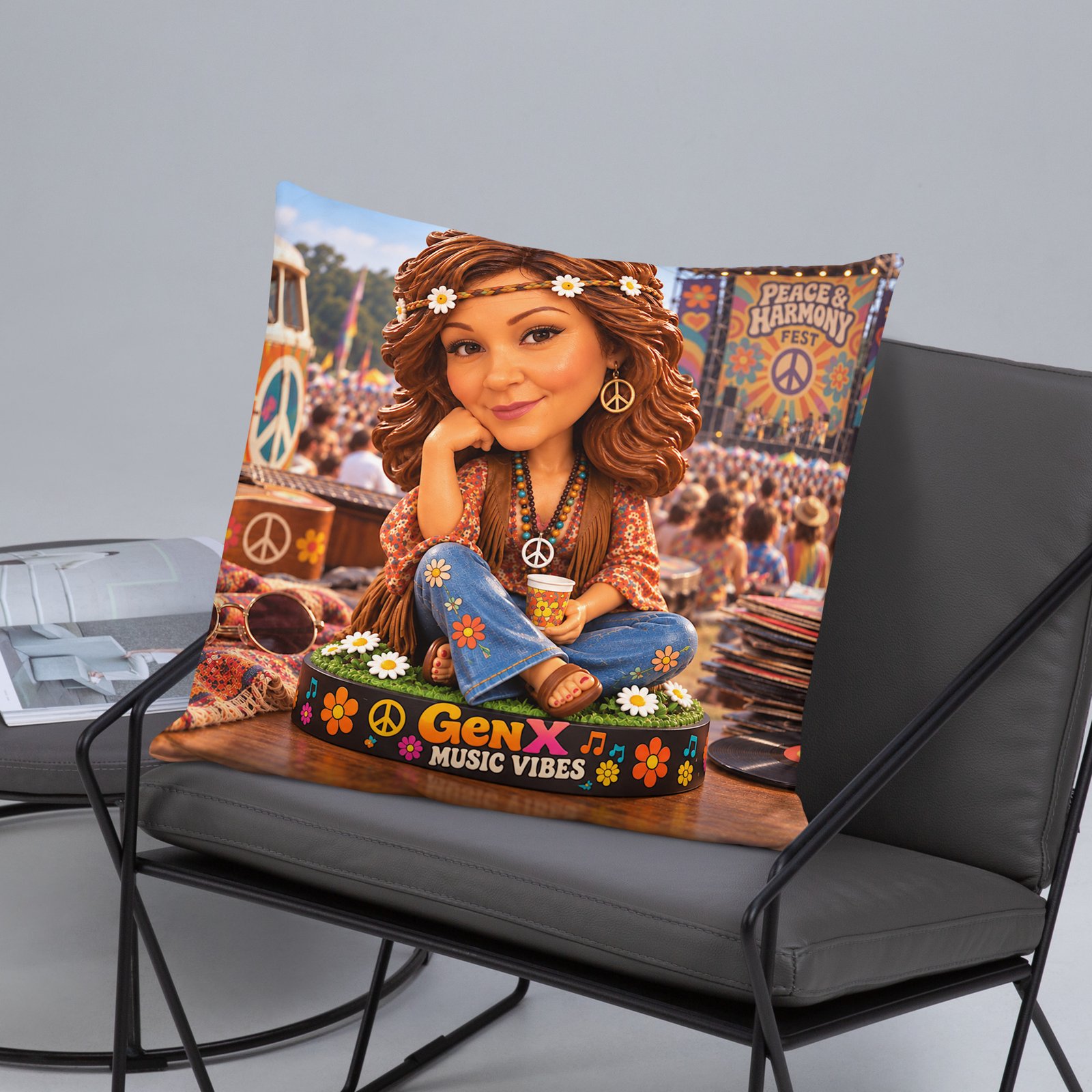Gen X Music Vibes – Peace & Harmony Festival Limited Edition Bobblehead Pillow / RockAteeWear - Image 23
